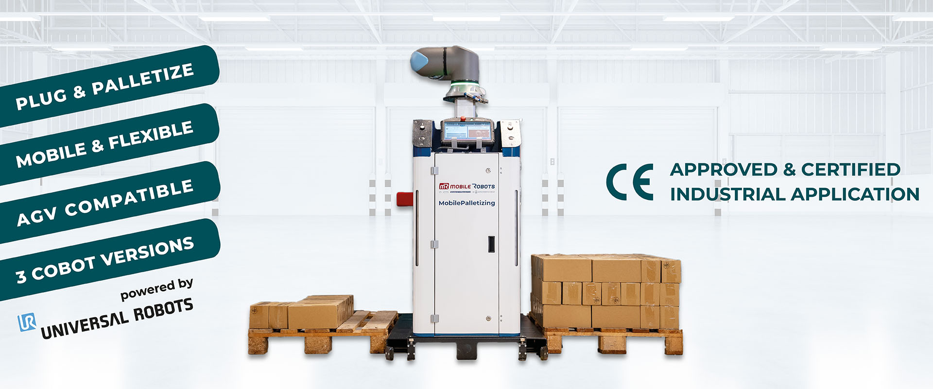 The 'plug & palletizing' solution MobilePalletizing by mR MOBILE ROBOTS, combined with a Universal Robots Cobot, is a CE-certified industrial application.