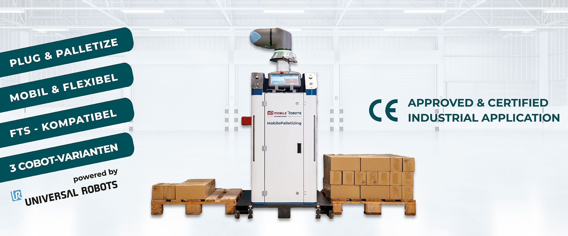 Die Plug & Palletizing Lösung von MobilePalletizing von mR MOBILE ROBOTS mit Universal Robots ist eine CE zertifizierte Industrie-Anwendung.