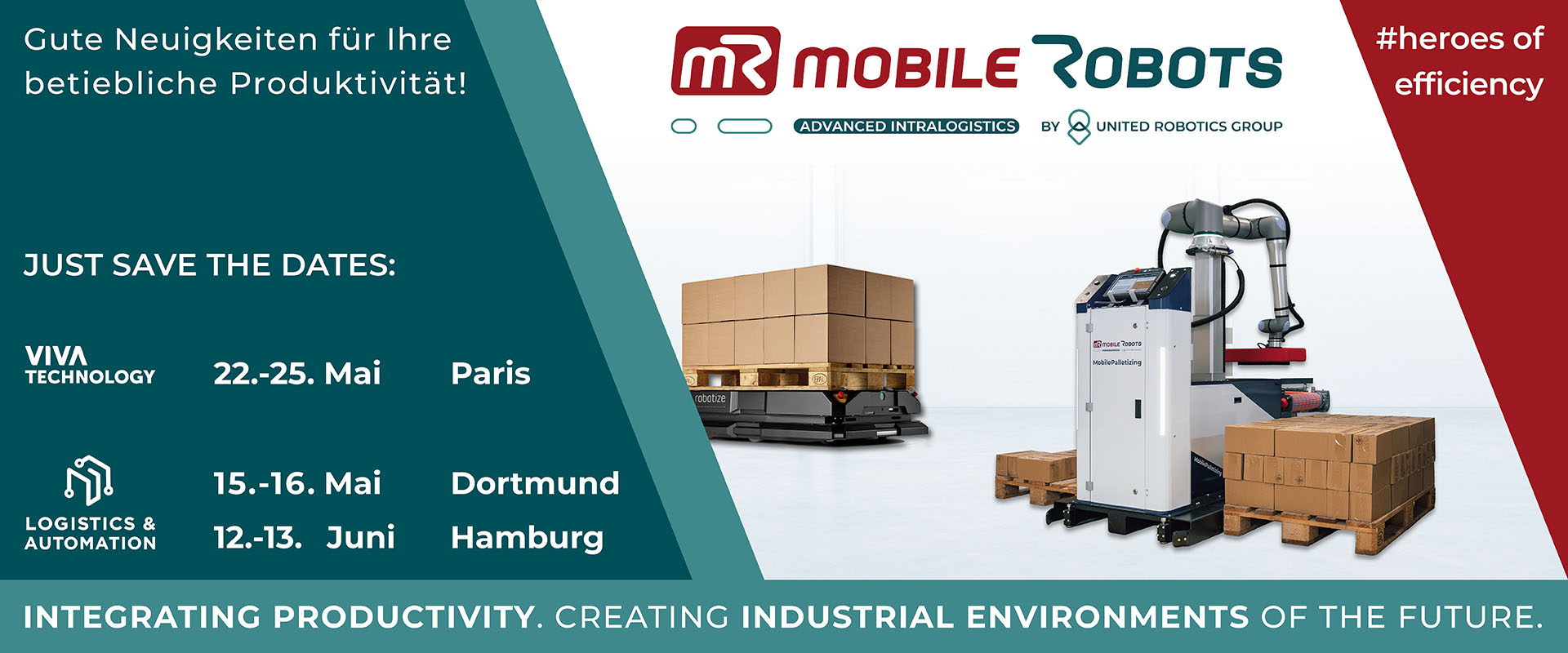 Die Live-Tour von mR MOBILE ROBOTS geht weiter: Mit unseren AGV & AMR sowie dem 'MobilePalletizing' sind wir im Mai und Juni 2024 auf weiteren Messen in Deutschland und Frankreich vertreten.